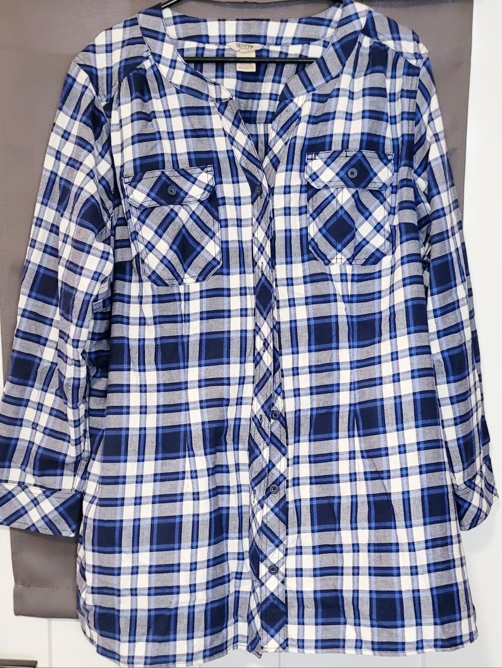 Duluth Trading Co Women's Free Swingin' Flannel Tunic Sz XXL Band Collar 4Pocket